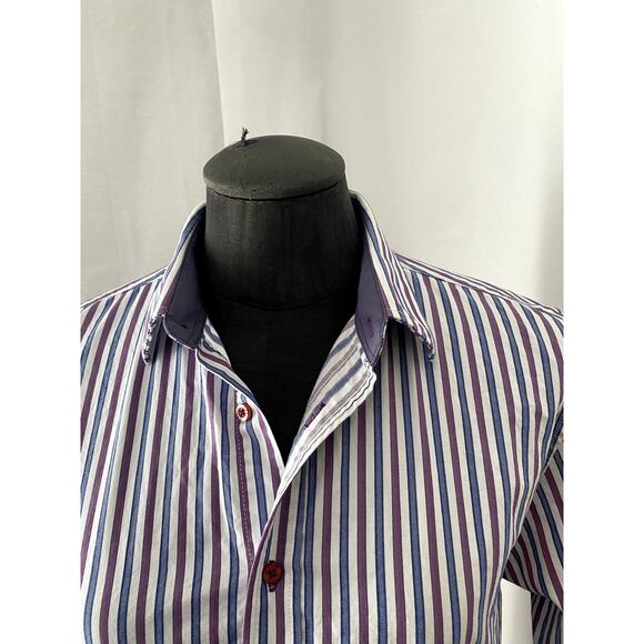 Isaac Mizrari Blue and Purple Strip Button Front Shirt 18/20 - Picture 5 of 7